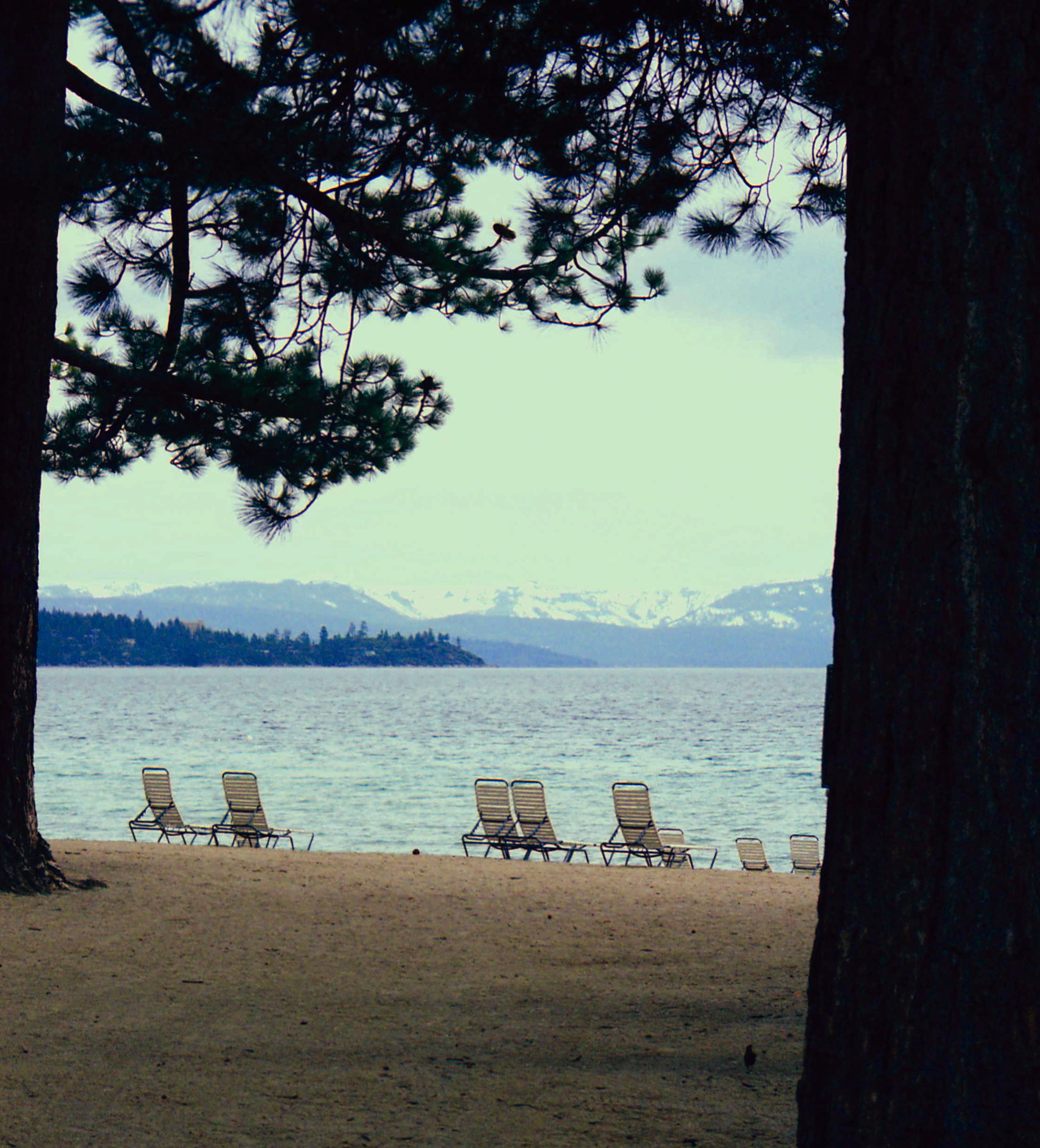 Deckchairs at a beach resort on Lake Tahoe